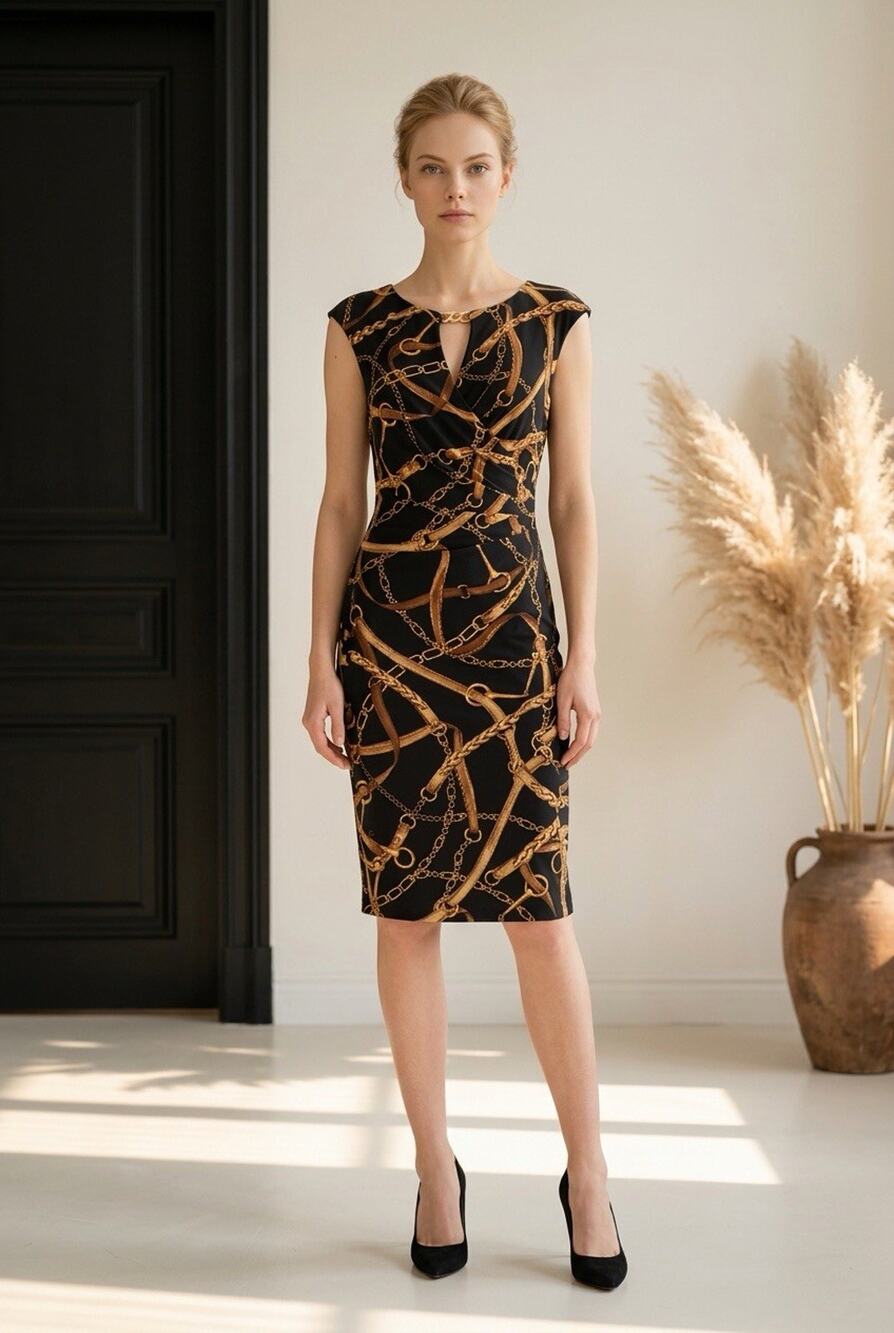 Lauren Ralph Lauren Black Equestrian Print Faux Wrap Ruched Dress Size 8